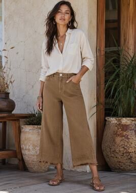 LOFT Wide Leg Cropped Pants NEW Size 14 Olive Khaki Frayed Hem Stretch